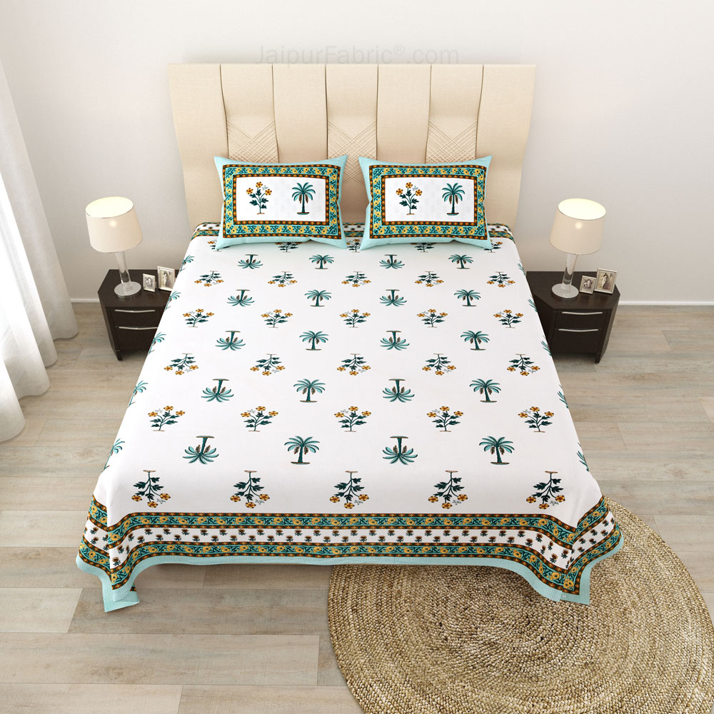 Cultural Mosaic SeaGreen Block Print Pure Cotton Double Bedsheet