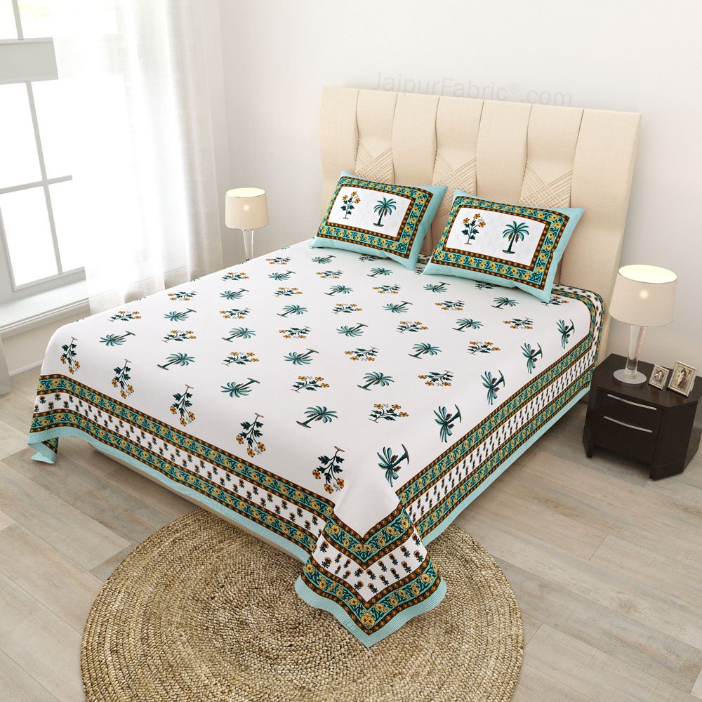 Cultural Mosaic SeaGreen Block Print Pure Cotton Double Bedsheet