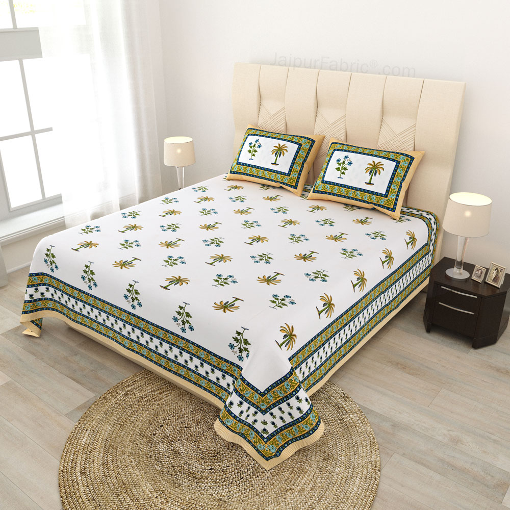 Cultural Mosaic Lemon Block Print Pure Cotton Double Bedsheet