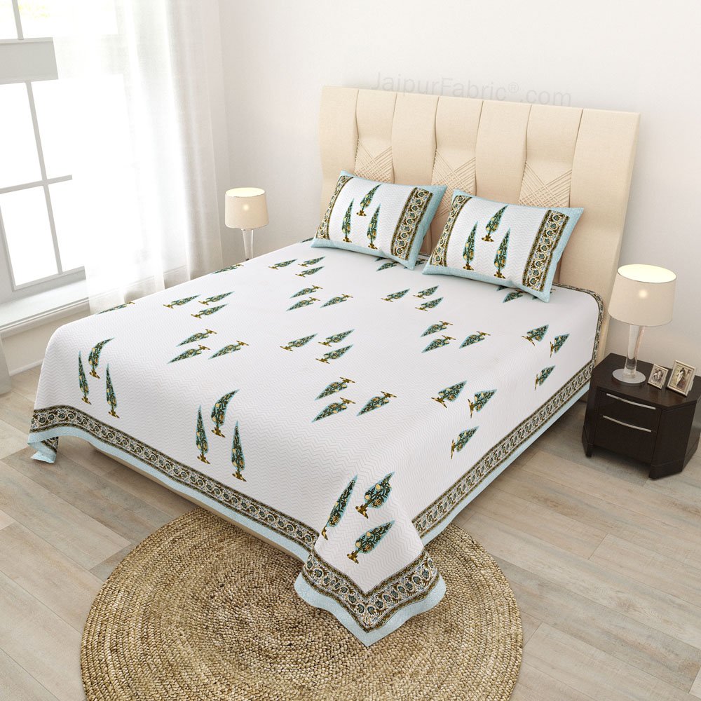 Elemental Elegance Green Block Print Pure Cotton Double Bedsheet