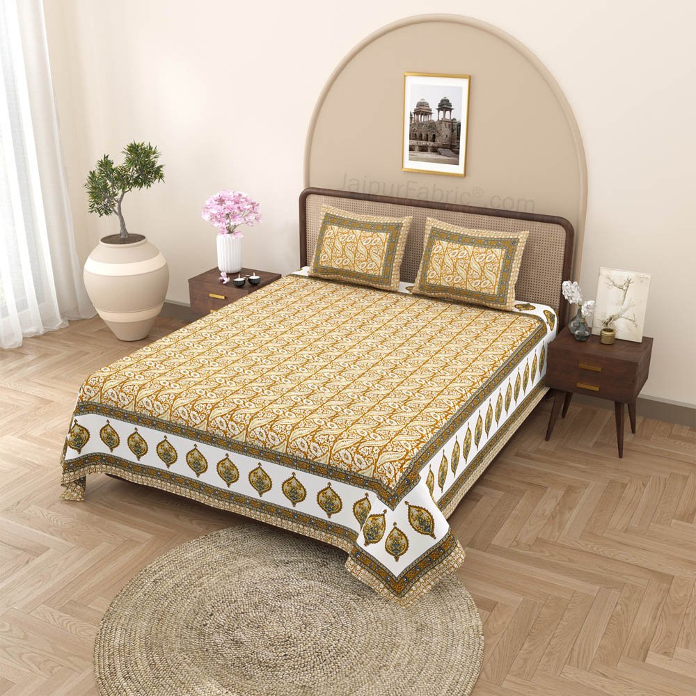 Rustic Rhythms Mustard Block Print Pure Cotton Double Bedsheet