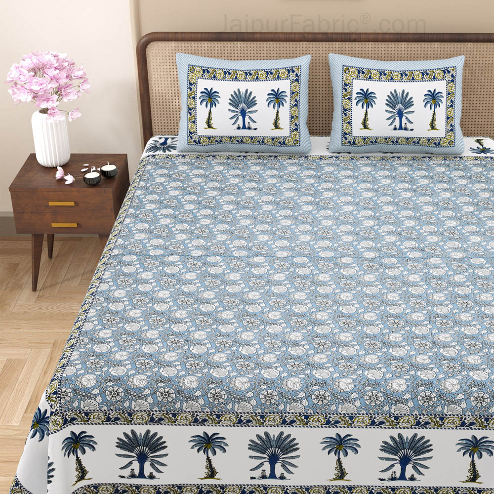 Whimsical Woodcuts Blue Block Print Pure Cotton Double Bedsheet