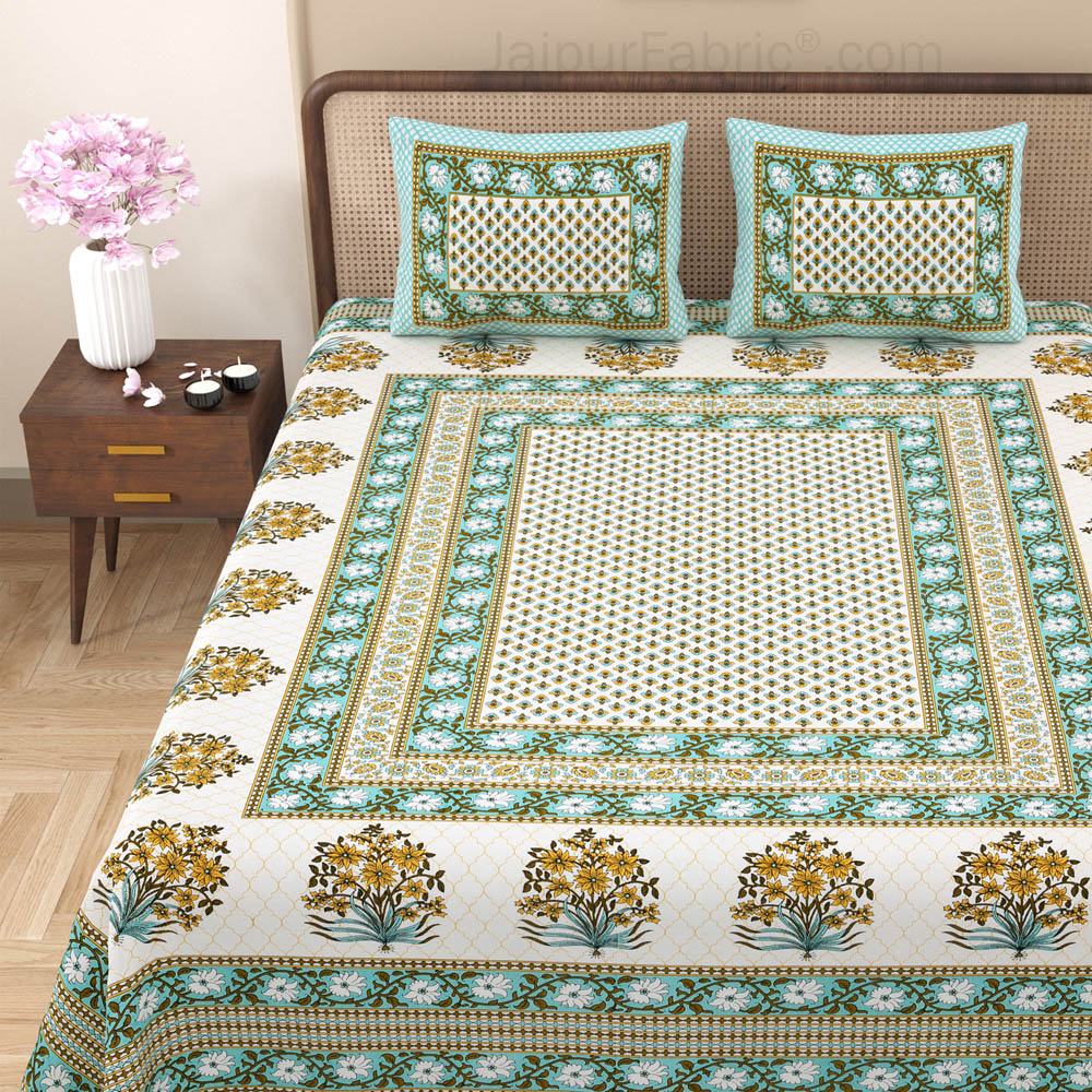 Heritage Hues Greenish Block Print Pure Cotton Double Bedsheet