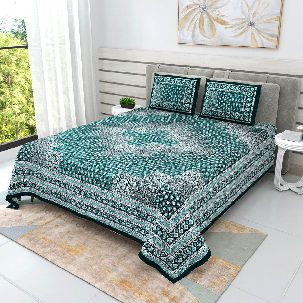 Green Cubicals Dabu Print Jaipuri Double Bedsheet