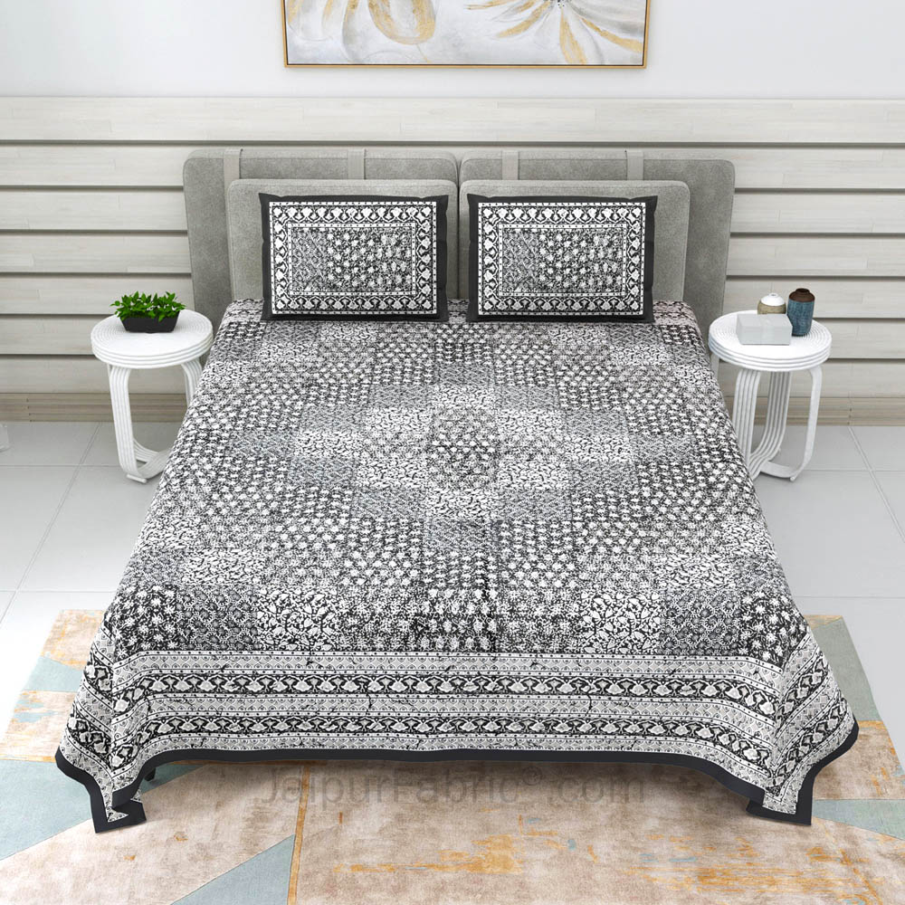 Gray Cubicals Dabu Print Jaipuri Double Bedsheet