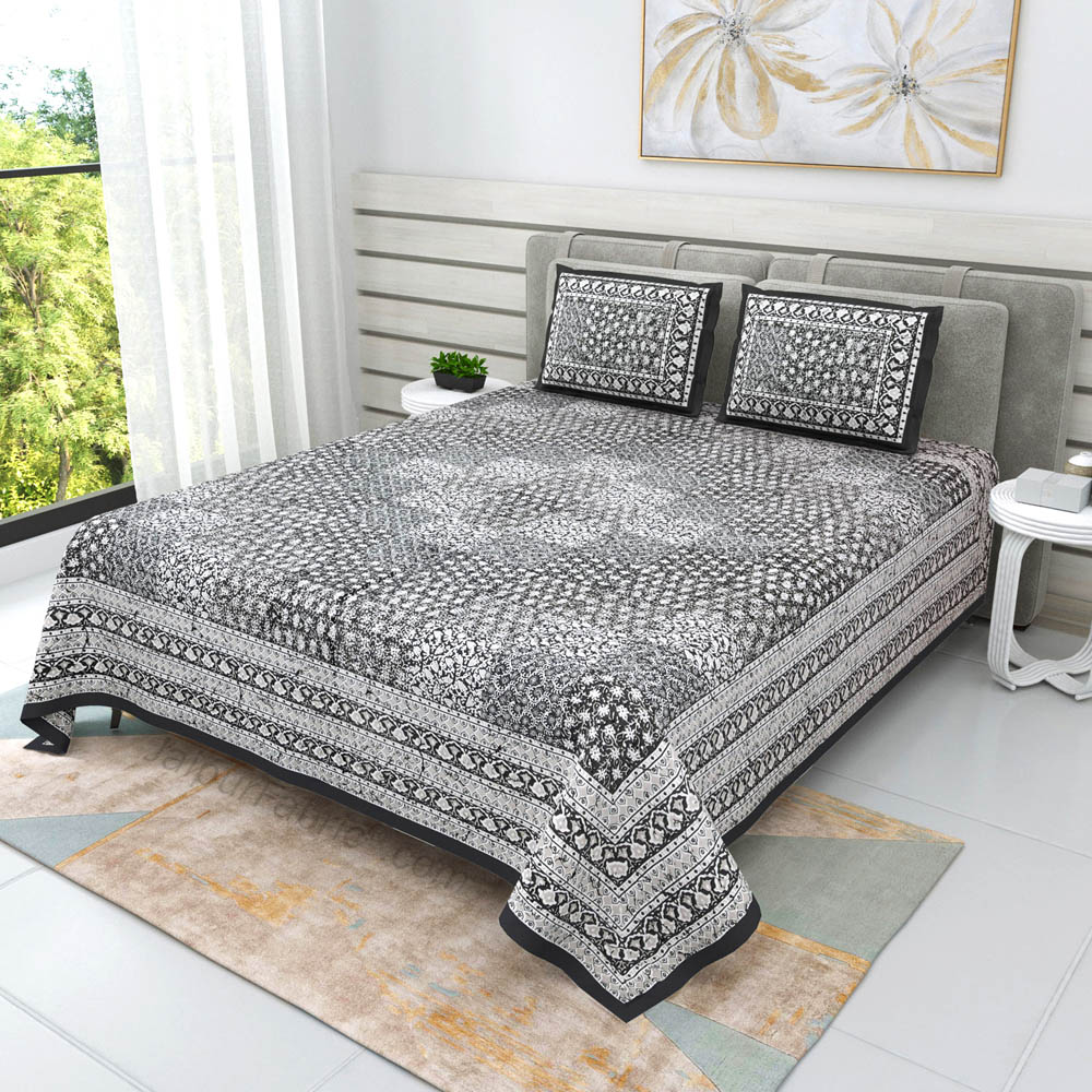 Gray Cubicals Dabu Print Jaipuri Double Bedsheet