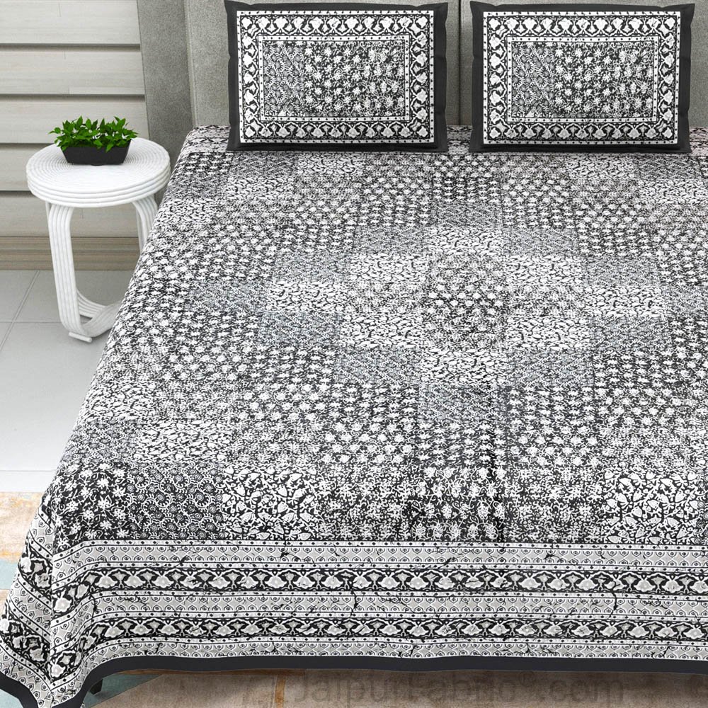 Gray Cubicals Dabu Print Jaipuri Double Bedsheet