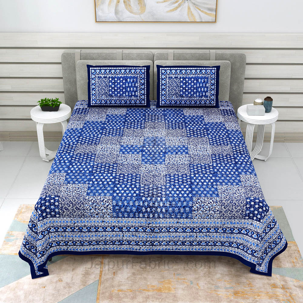 Blue Cubicals Dabu Print Jaipuri Double Bedsheet