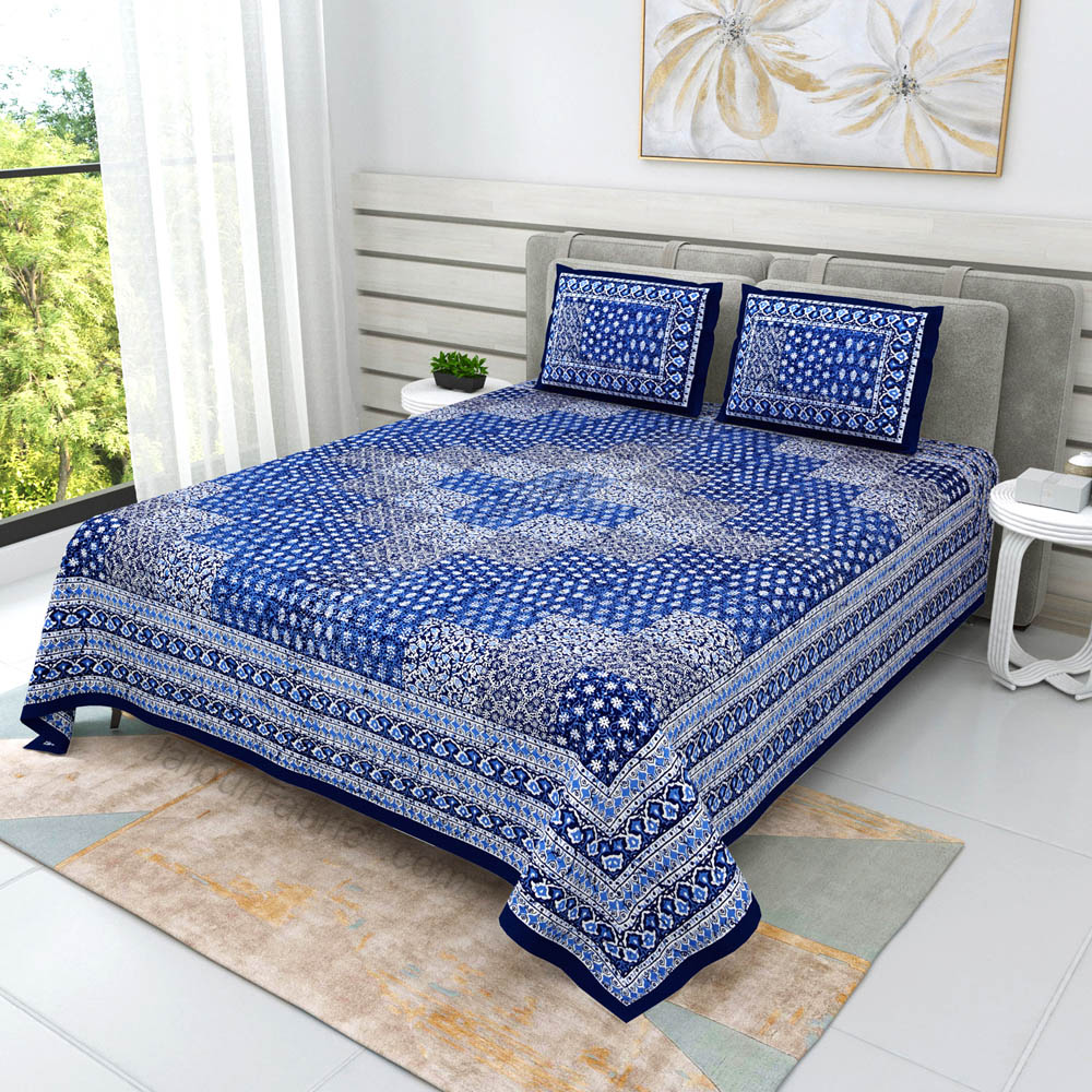 Blue Cubicals Dabu Print Jaipuri Double Bedsheet