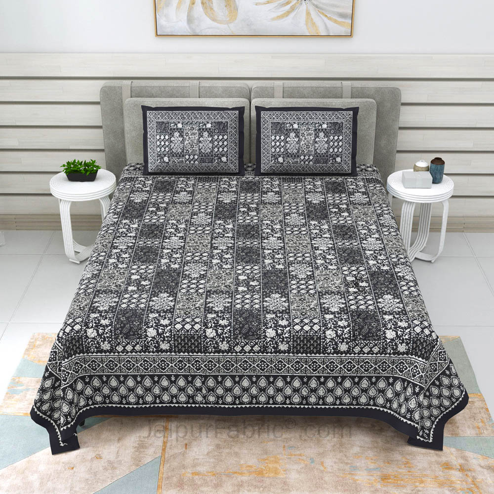 Grey Floral Polygons Dabu Print Jaipuri Double Bedsheet