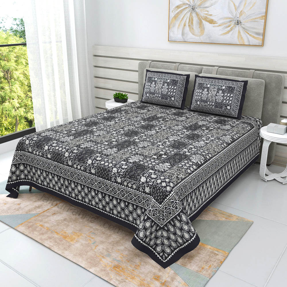 Grey Floral Polygons Dabu Print Jaipuri Double Bedsheet