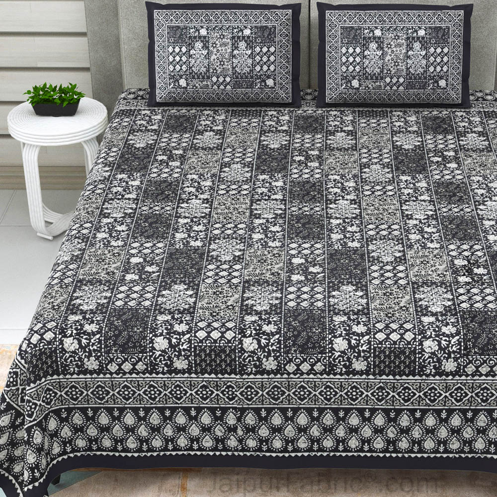 Grey Floral Polygons Dabu Print Jaipuri Double Bedsheet