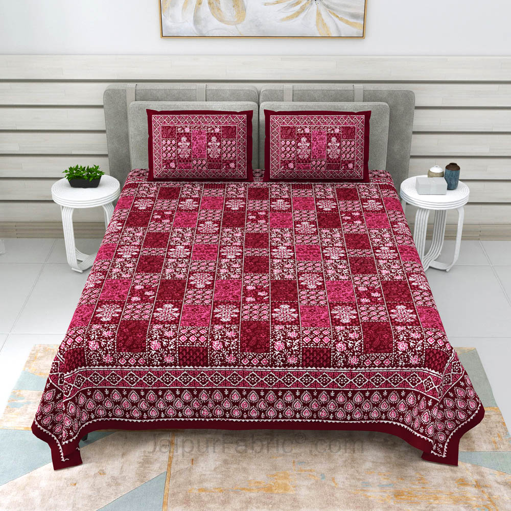 Maroon Floral Polygons Dabu Print Jaipuri Double Bedsheet