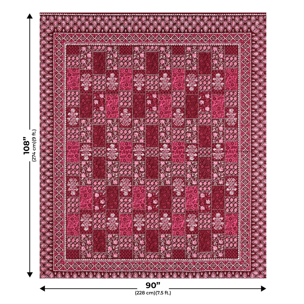 Maroon Floral Polygons Dabu Print Jaipuri Double Bedsheet