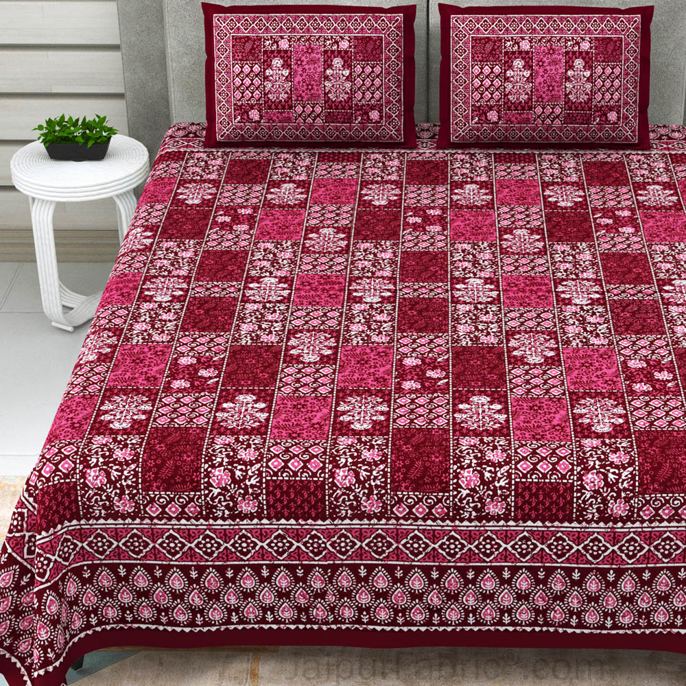 Maroon Floral Polygons Dabu Print Jaipuri Double Bedsheet