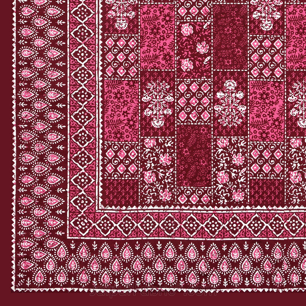 Maroon Floral Polygons Dabu Print Jaipuri Double Bedsheet