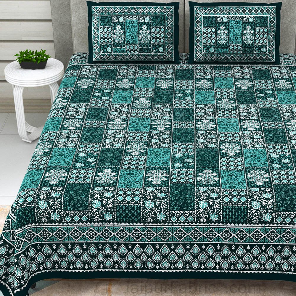 Green Floral Polygons Dabu Print Jaipuri Double Bedsheet