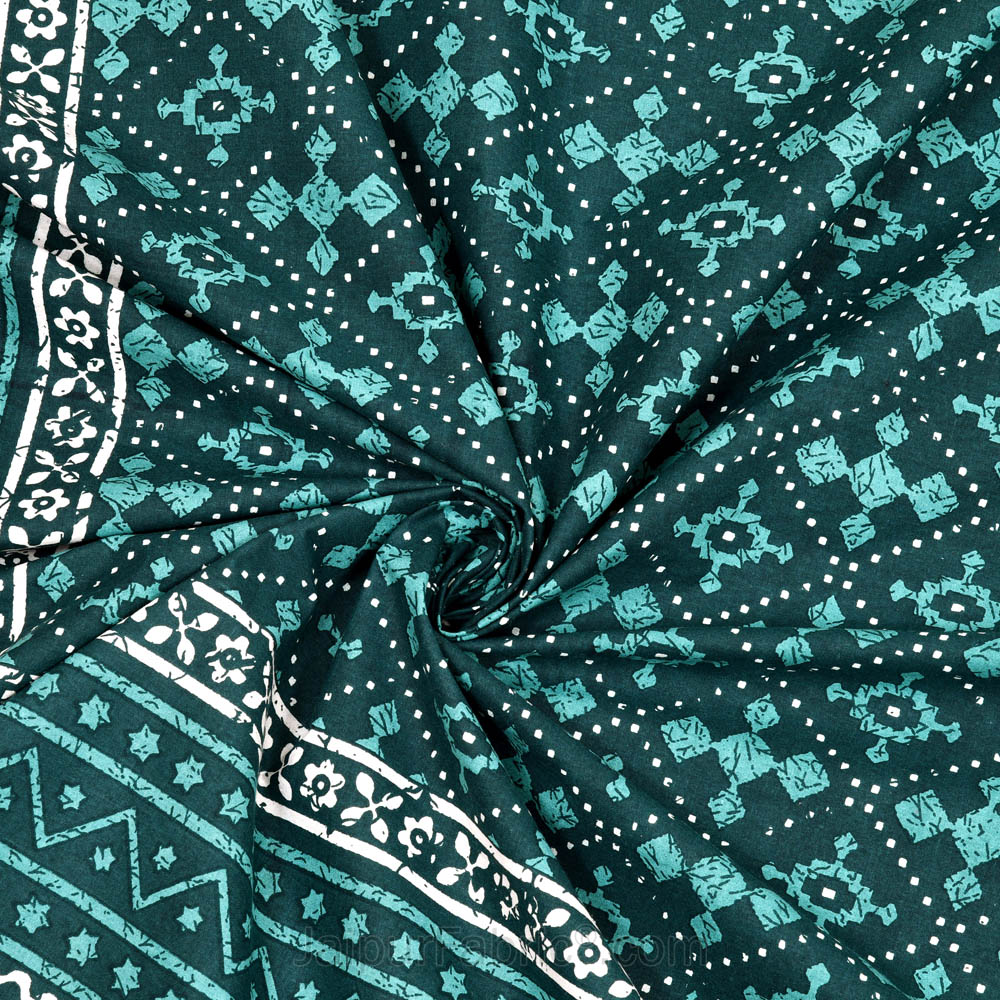 Green Floral Polygons Dabu Print Jaipuri Double Bedsheet