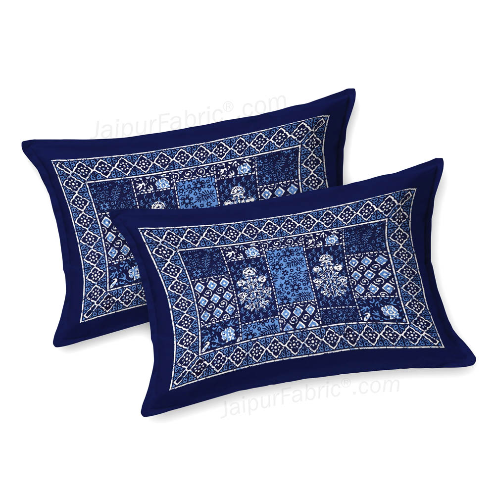 Blue Floral Polygons Dabu Print Jaipuri Double Bedsheet