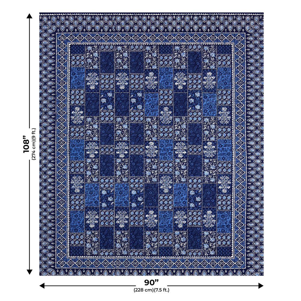 Blue Floral Polygons Dabu Print Jaipuri Double Bedsheet