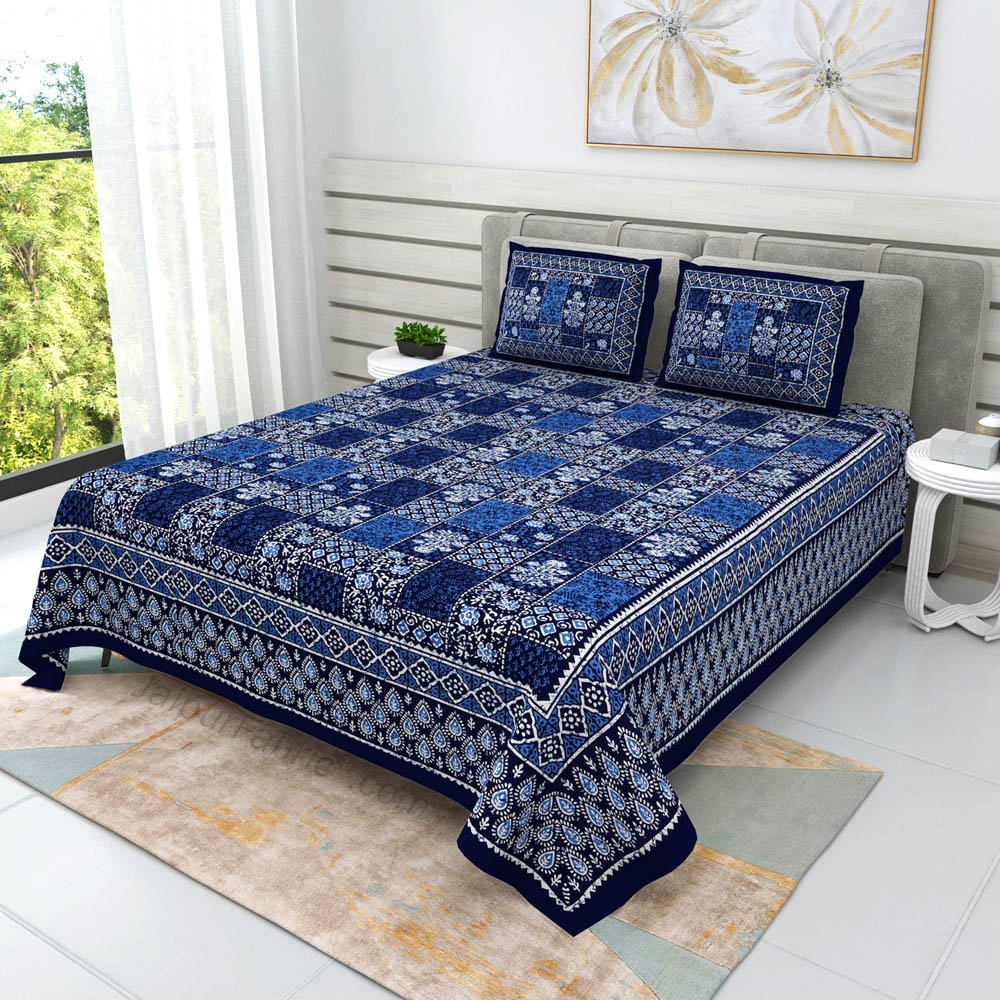 Blue Floral Polygons Dabu Print Jaipuri Double Bedsheet