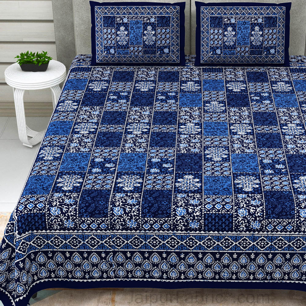 Blue Floral Polygons Dabu Print Jaipuri Double Bedsheet