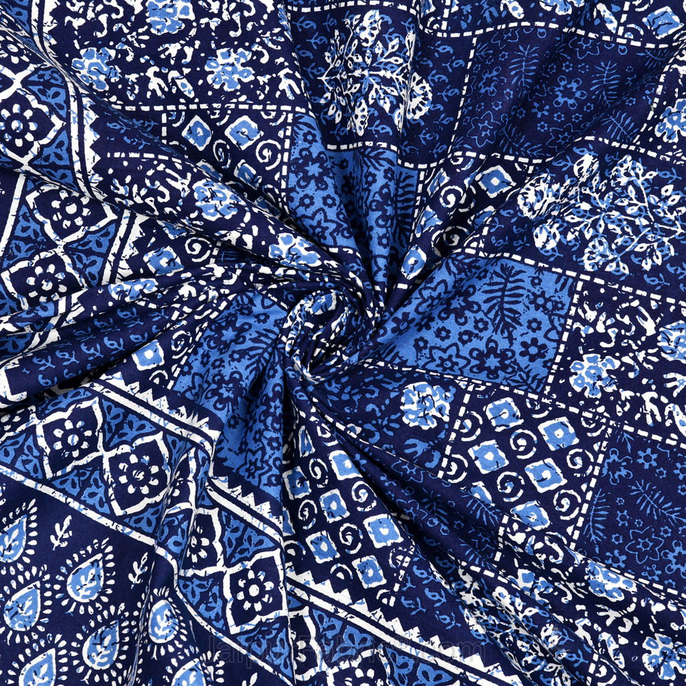 Blue Floral Polygons Dabu Print Jaipuri Double Bedsheet