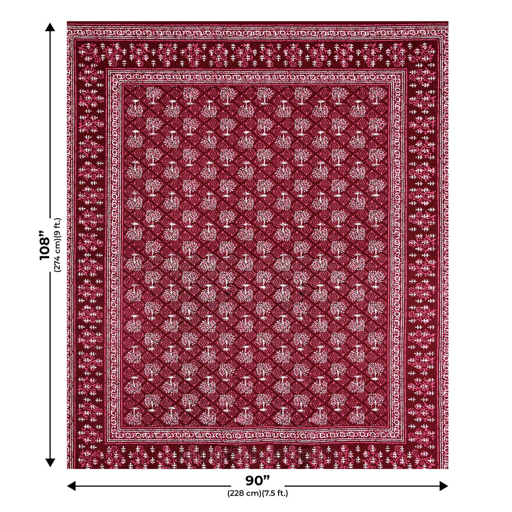 Maroon Topiary Dabu Print Jaipuri Double Bedsheet