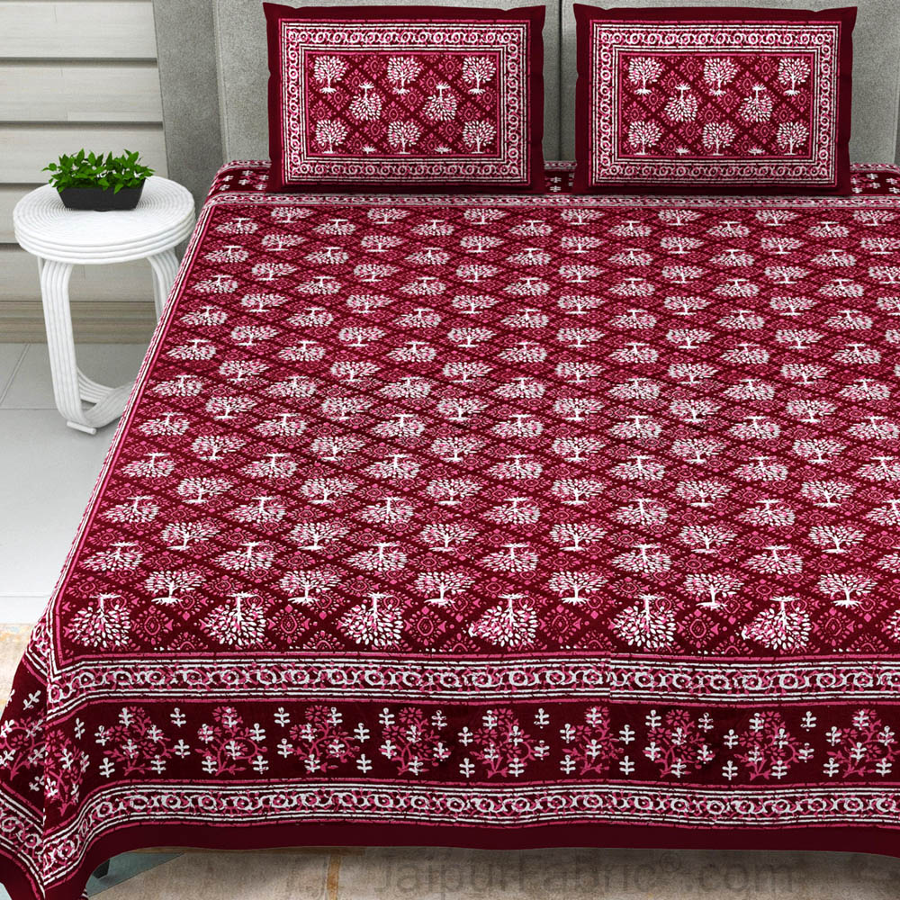 Maroon Topiary Dabu Print Jaipuri Double Bedsheet