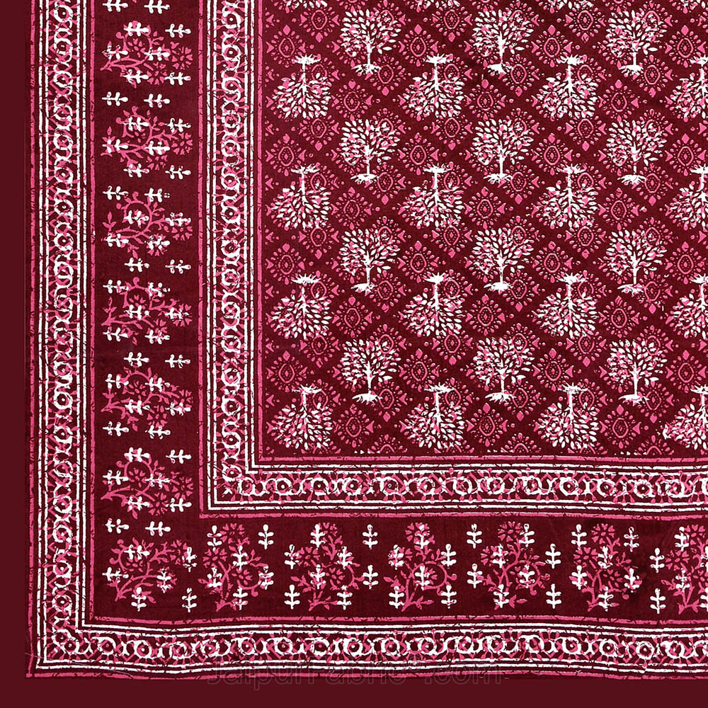 Maroon Topiary Dabu Print Jaipuri Double Bedsheet