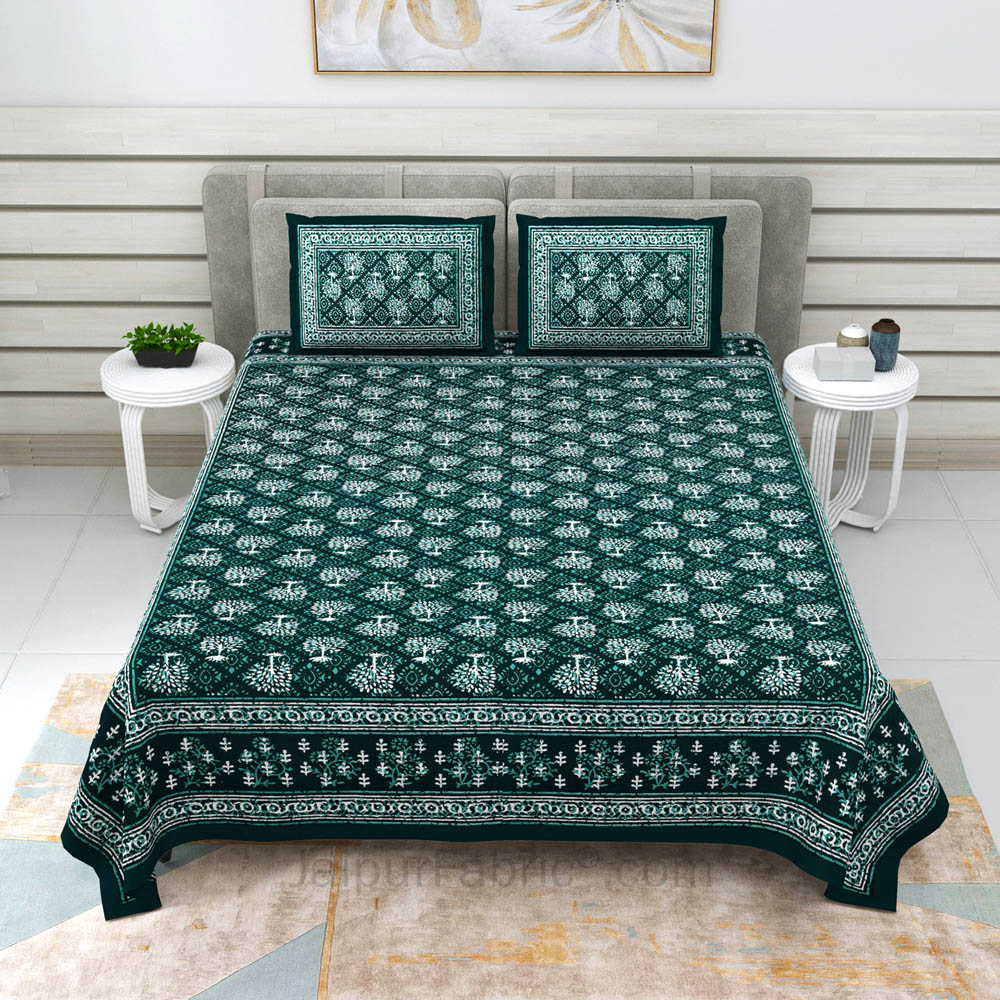 Green Topiary Dabu Print Jaipuri Double Bedsheet