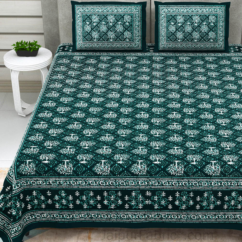 Green Topiary Dabu Print Jaipuri Double Bedsheet