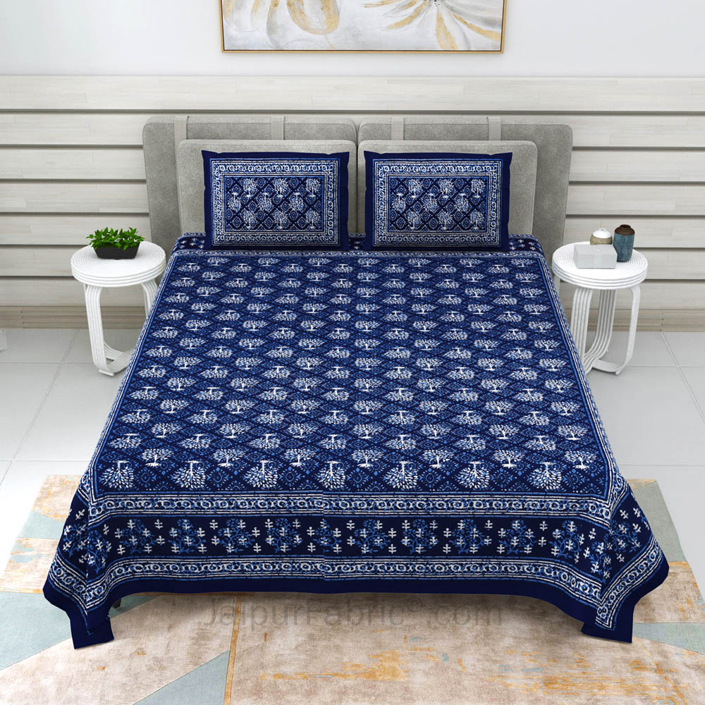 Blue Topiary Dabu Print Jaipuri Double Bedsheet