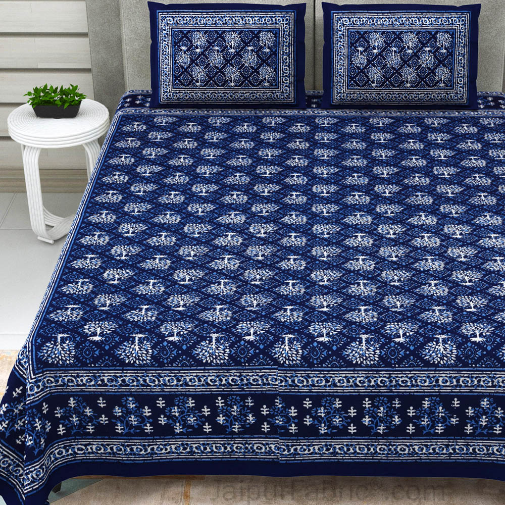 Blue Topiary Dabu Print Jaipuri Double Bedsheet