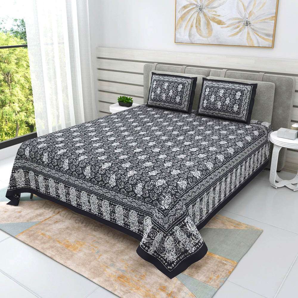 Grey Conic Dabu Print Jaipuri Double Bedsheet