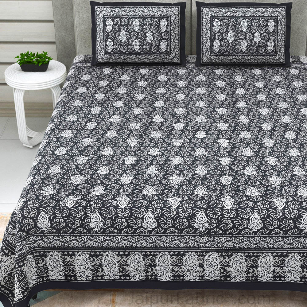 Grey Conic Dabu Print Jaipuri Double Bedsheet