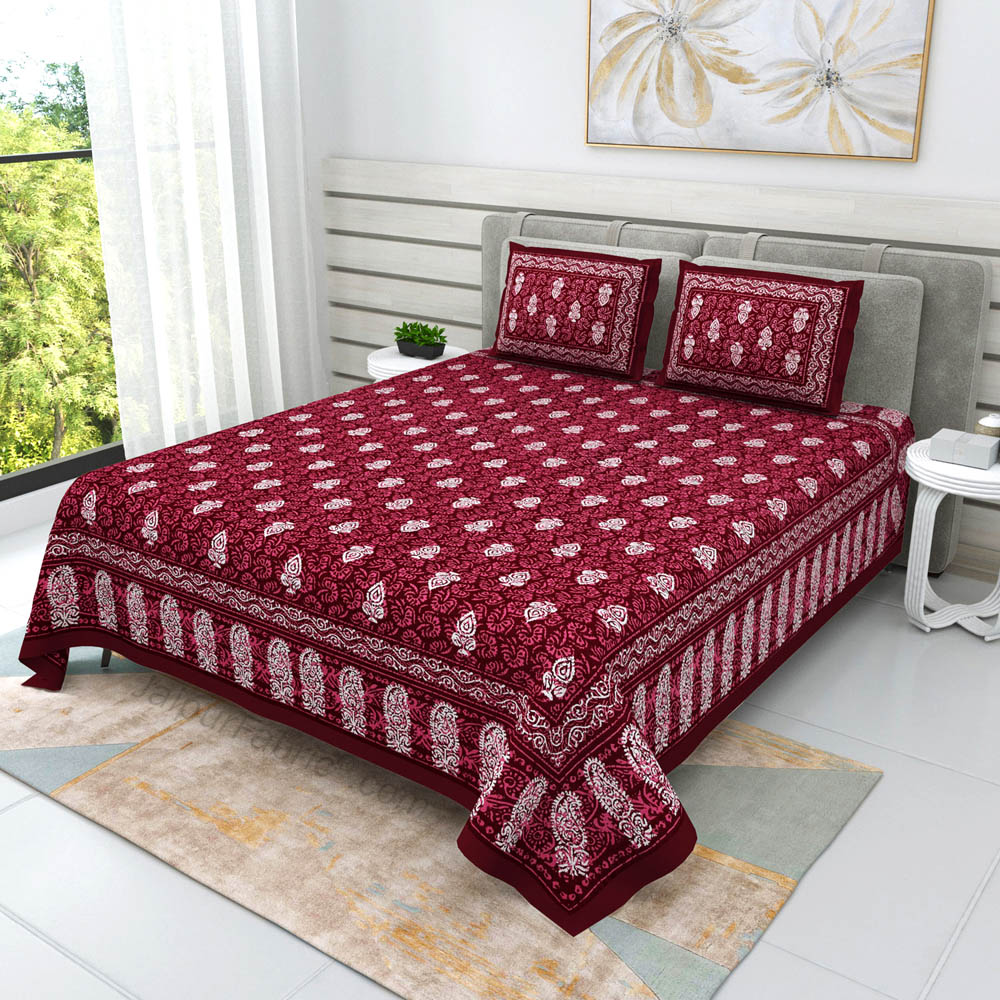 Maroon Conic Dabu Print Jaipuri Double Bedsheet