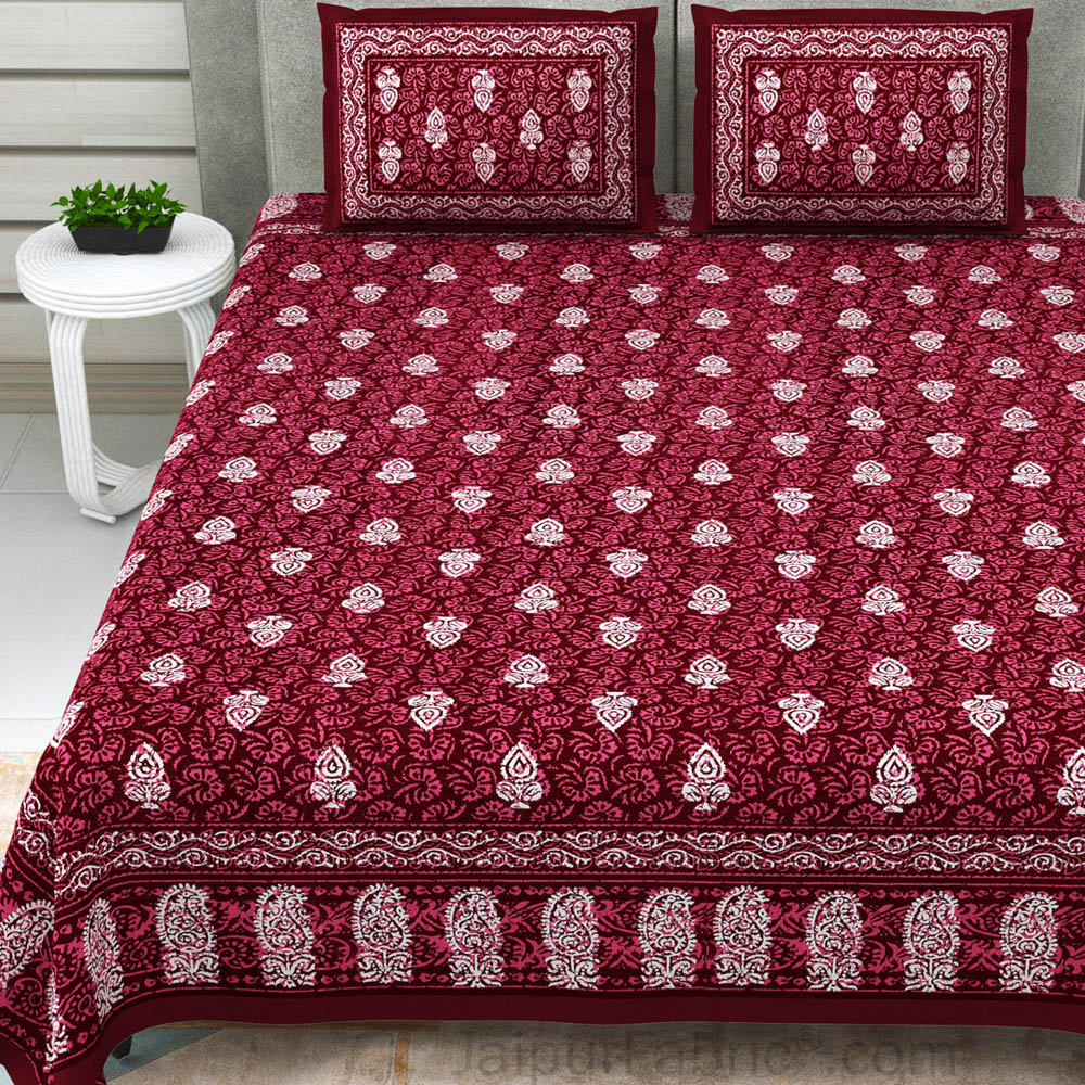 Maroon Conic Dabu Print Jaipuri Double Bedsheet