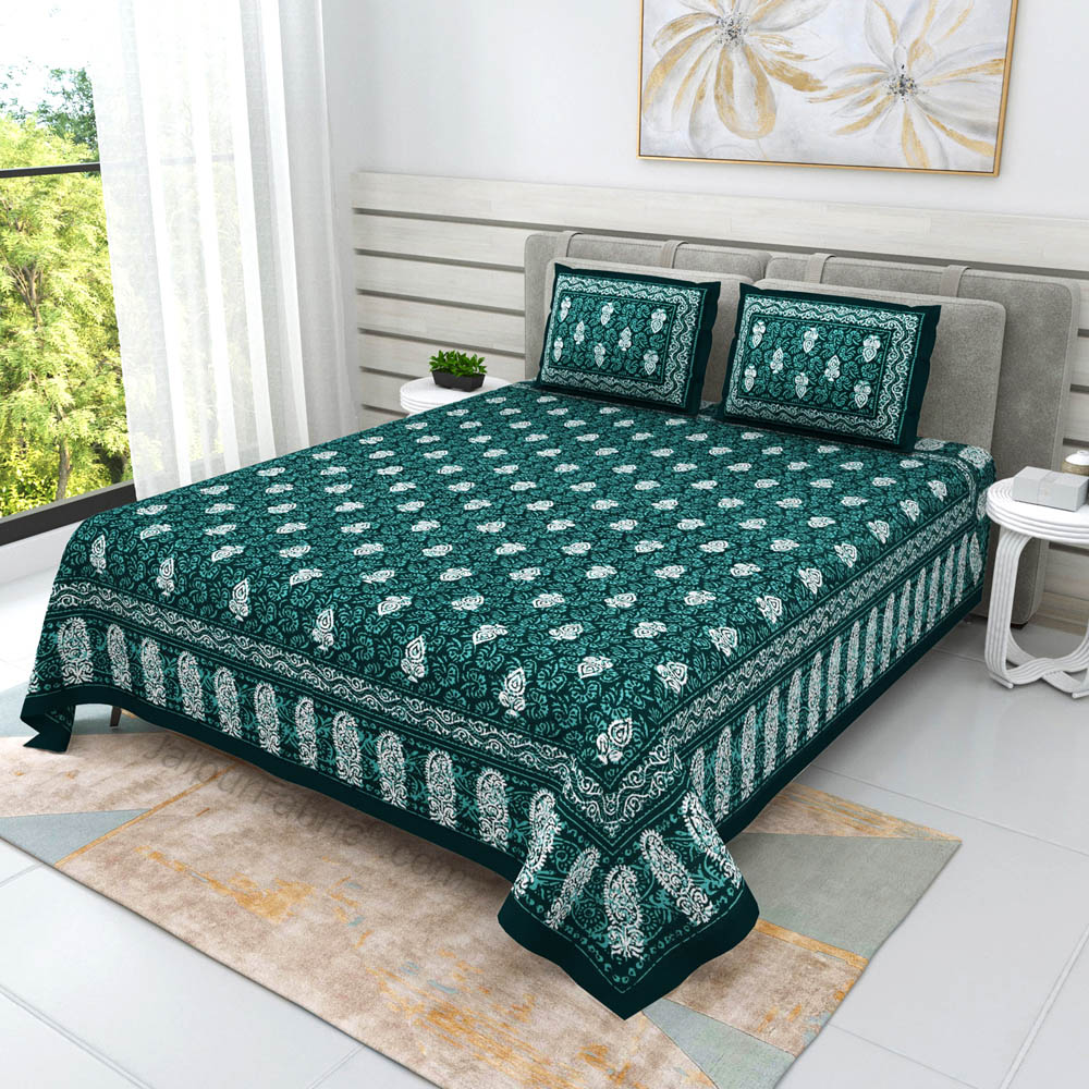 Green Conic Dabu Print Jaipuri Double Bedsheet