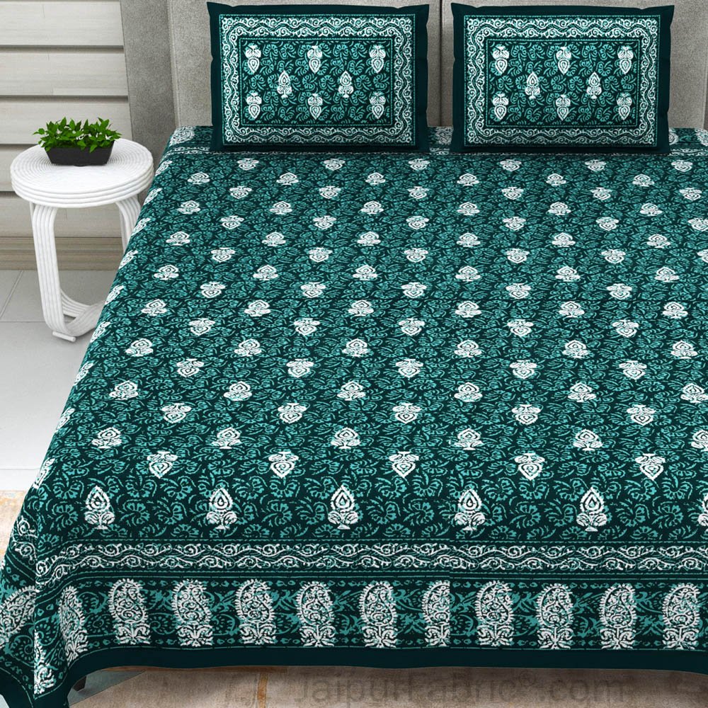 Green Conic Dabu Print Jaipuri Double Bedsheet