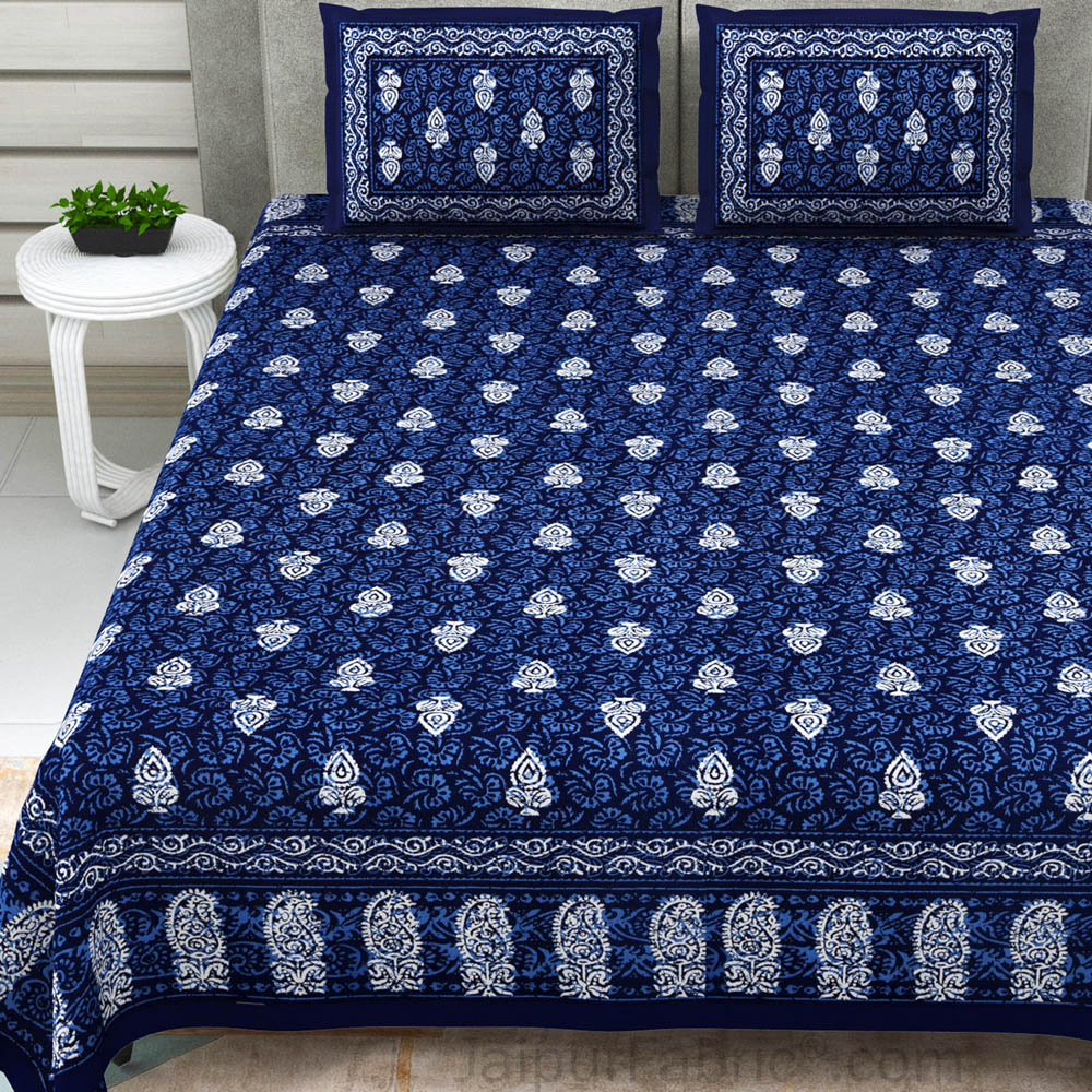 Blue Conic Dabu Print Jaipuri Double Bedsheet