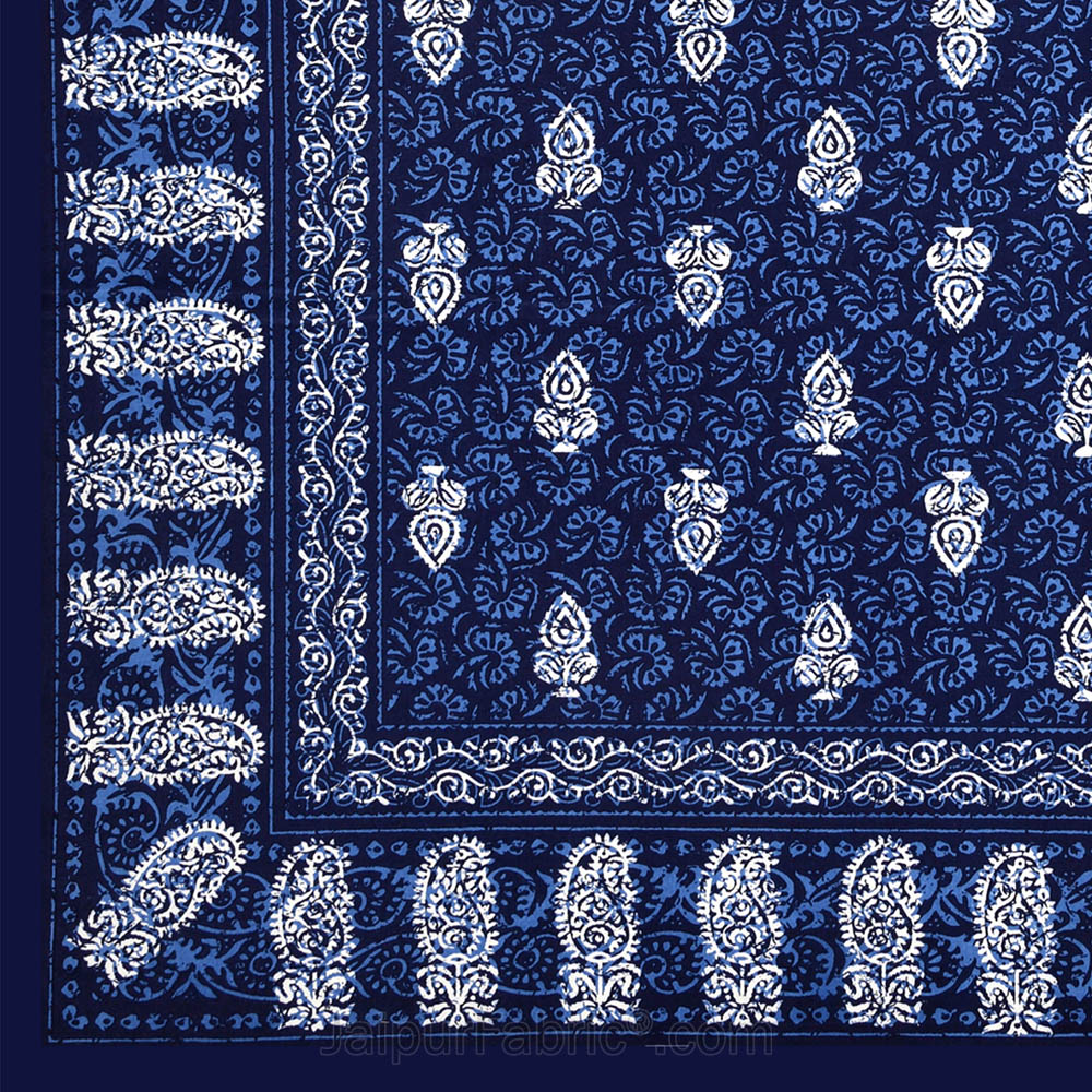 Blue Conic Dabu Print Jaipuri Double Bedsheet