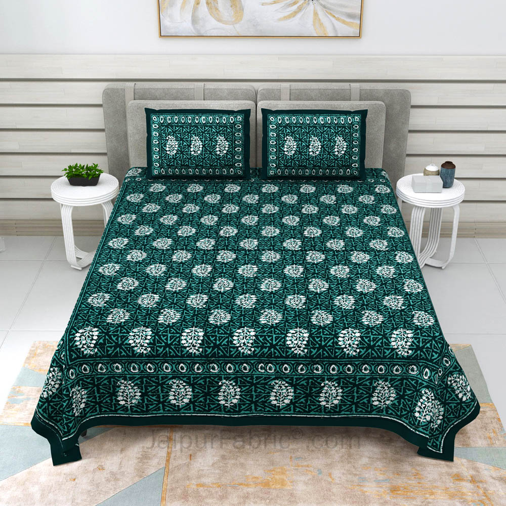 Green Buta Dabu Print Jaipuri Double Bedsheet