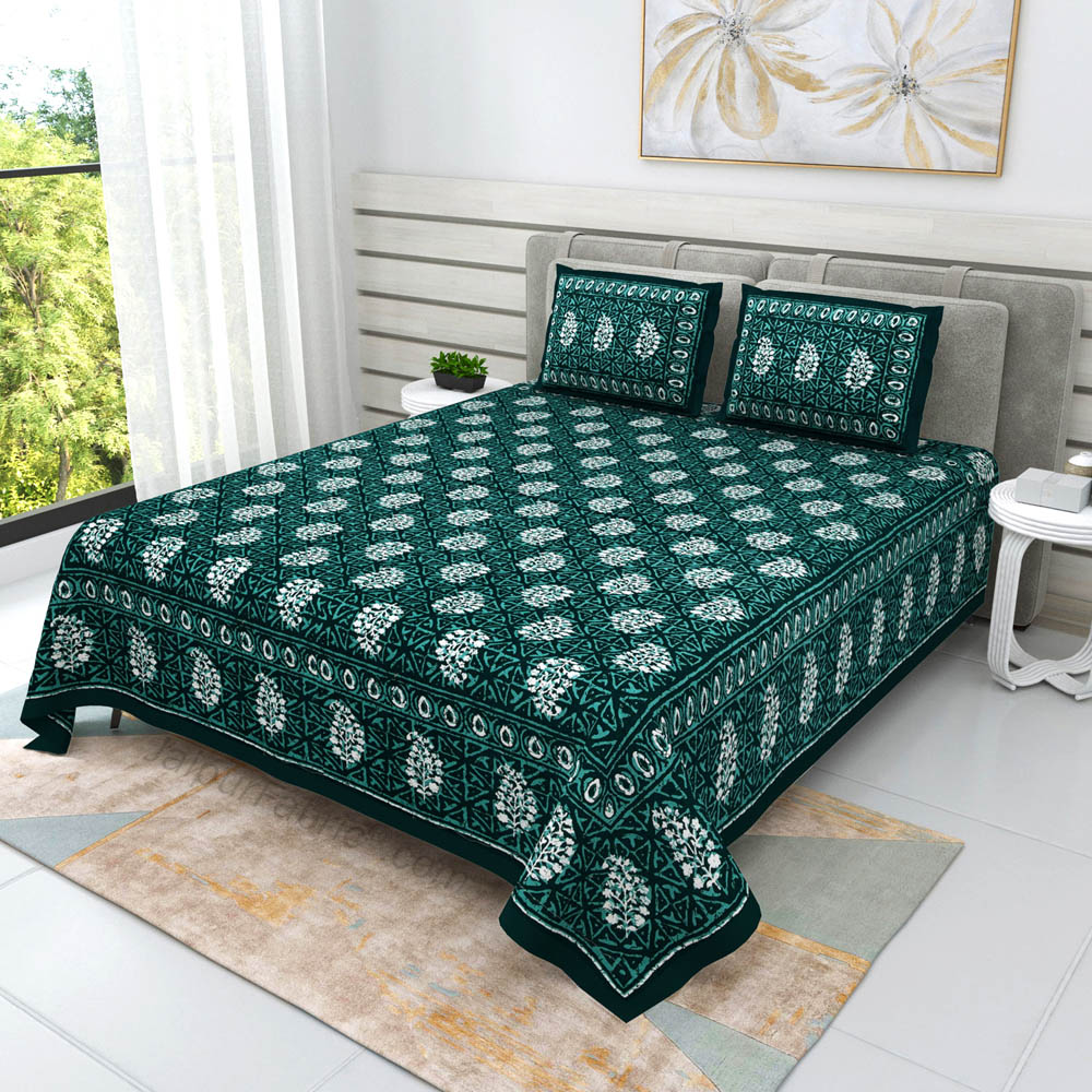 Green Buta Dabu Print Jaipuri Double Bedsheet