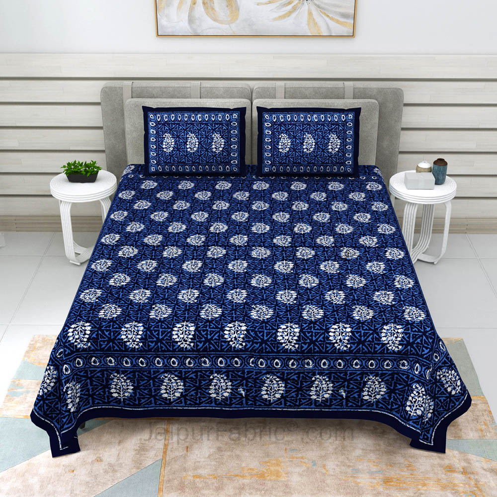 Blue Buta Dabu Print Jaipuri Double Bedsheet