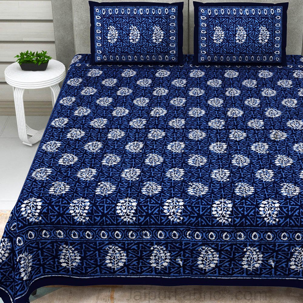 Blue Buta Dabu Print Jaipuri Double Bedsheet