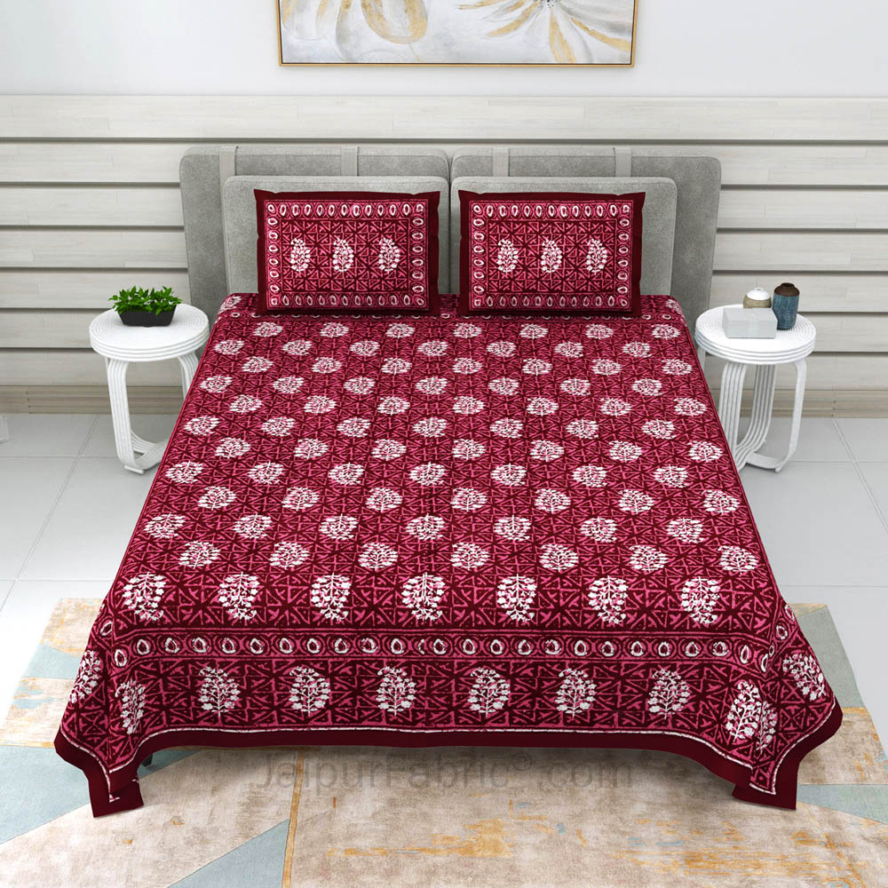 Maroon Buta Dabu Print Jaipuri Double Bedsheet