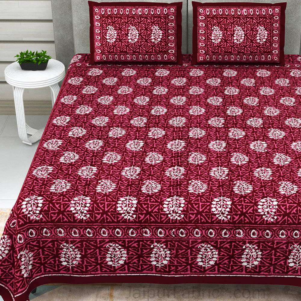 Maroon Buta Dabu Print Jaipuri Double Bedsheet