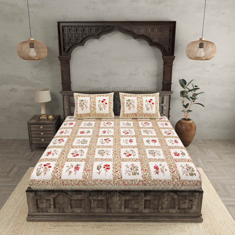 Floral Frame Brown Cotton Double Bedsheet