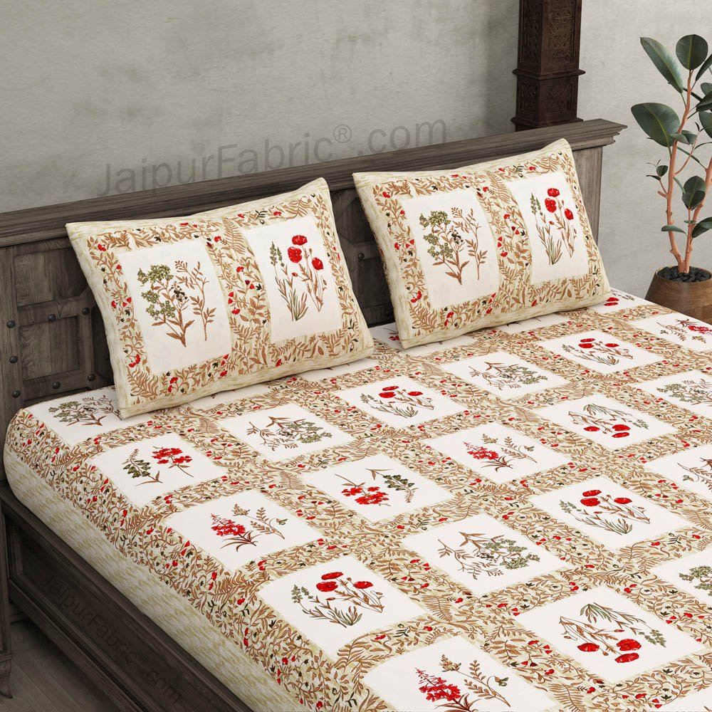 Floral Frame Brown Cotton Double Bedsheet